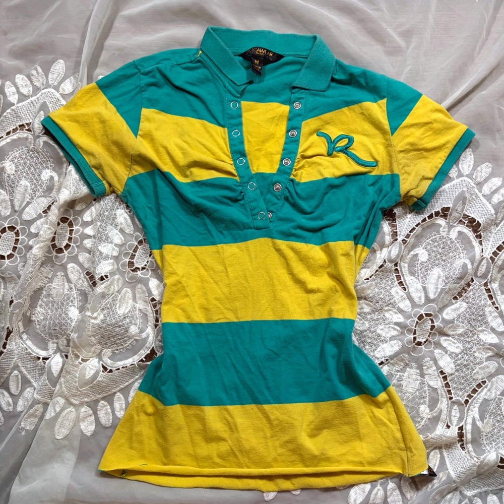 Y2K Rocawear Striped Snap Button Polo Shirt Yellow Teal Size M